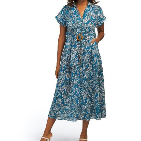 Zara blue Floral Paisley Full Front Button Midi Dress Boho Zara blue Floral Paisley Full Front Button Midi Dress Boho